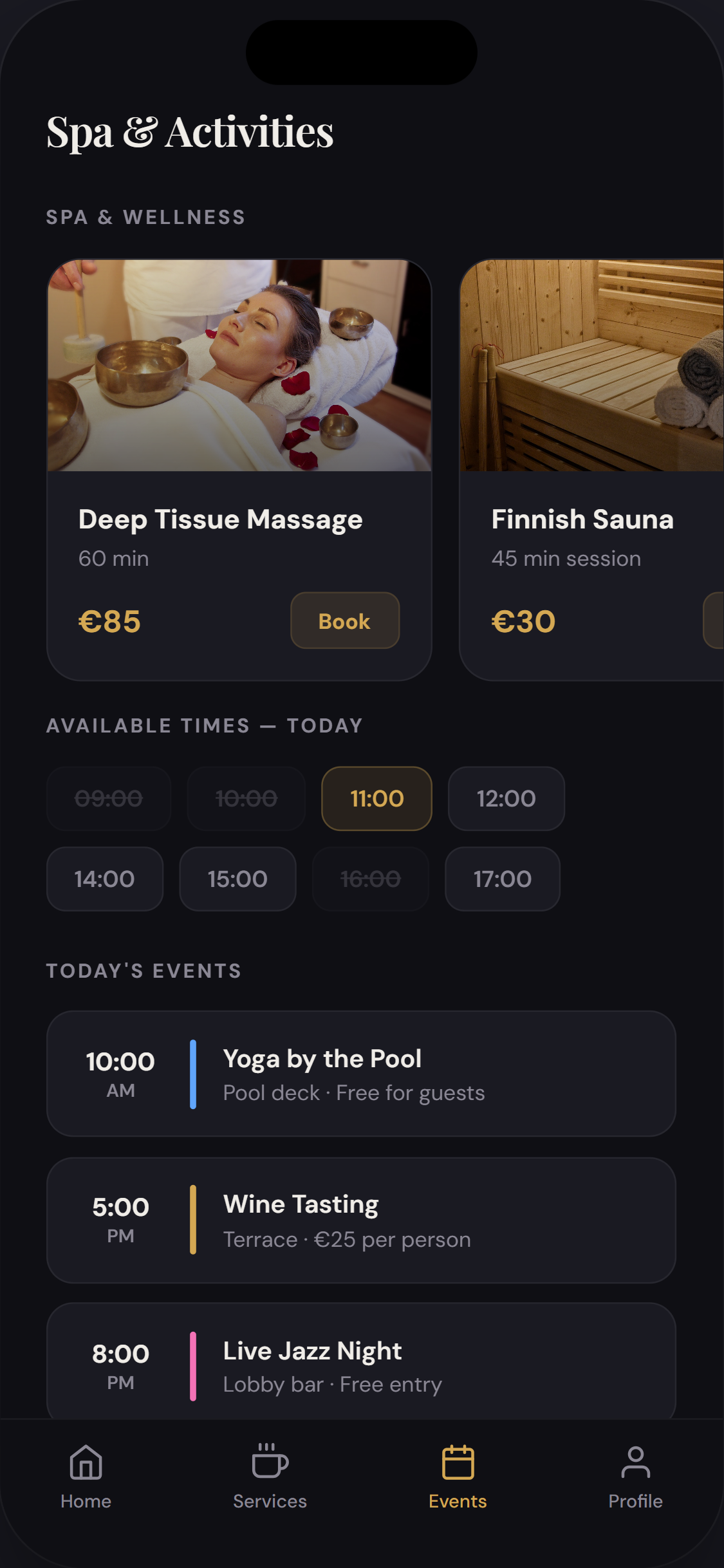 Hotel app spa booking screen